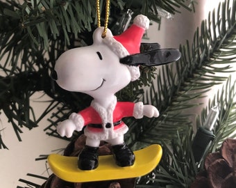 Vintage Santa Snoopy on a Snowboard Christmas Ornament