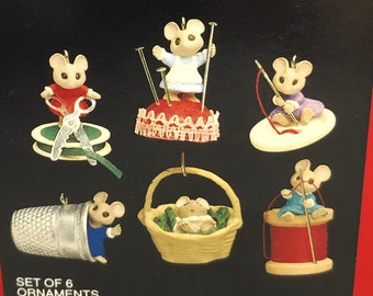 Vintage 1992 Hallmark Sew Sew Tiny Set of 6 Miniature Mice Christmas Ornaments