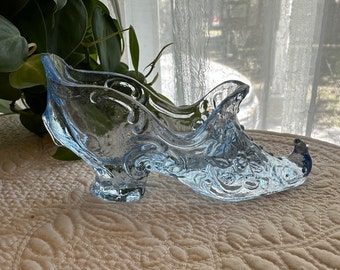 Vintage Ice Blue Mosser Glass Shoe with Embossed Roses
