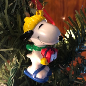 Vintage Snoopy in Snowshoes with Christmas Present Ornament PVC Figure