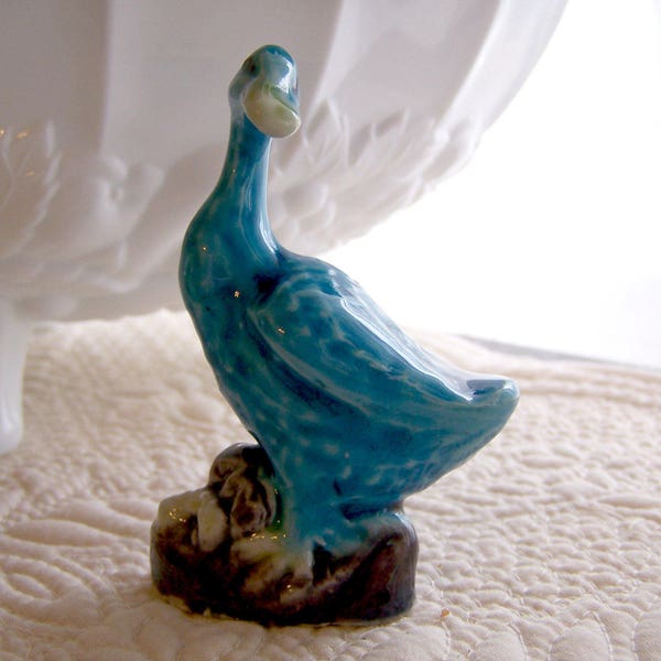 Vintage Antique 1900s Turquoise Goose on a Nest Miniature Figurine Marked China