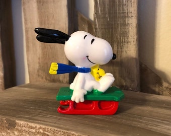 Vintage Snoopy on Green Sled with Woodstock Christmas Ornament