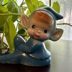 Vintage Reclining Pixie Figurine in Blue, Mischievous Cottagecore Charm
