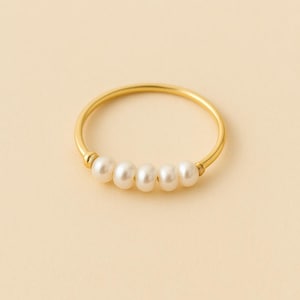 Freshwater Pearl Ring,  Gold Band Ring with white Pearls