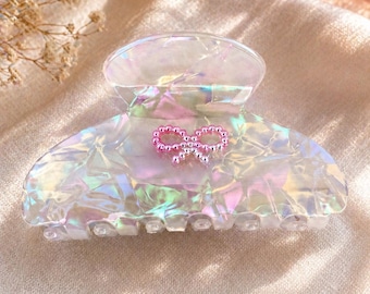 Pinza para el cabello iridiscente con detalle de lazo rosa / Bonita pinza para el cabello con lazo de perlas / Accesorio estético para el cabello / Regalo para ella / Pinza de moda