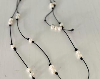 Handmade Freshwater Pearl and Black Leather Cord Necklace.