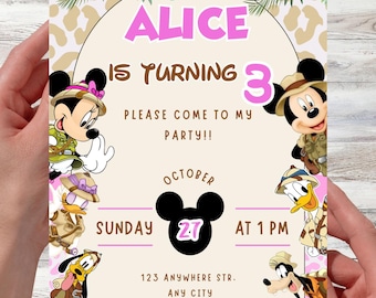May include: A party invitation with the text "ALICE IS TURNING 3". The invitation features Mickey Mouse, Minnie Mouse, Donald Duck, Pluto, and Goofy. The date is October 27th at 1 PM.