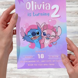 Stitch and Angel Birthday Invitation - Editable Template