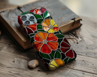 Flower Stained Glass Phone Case | Mosaic Effect, Wildflower, iPhone 16 15 14 13 12 11 Pro Max 8 Plus X Samsung Galaxy S24 S23 S22 S21