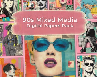 90er Jahre Collage Mix Media Digital Paper Pack - druckbare Retro Collage Sheets für Junk Journal, Scrapbook Zubehör, Instant Download.