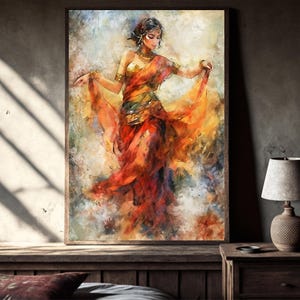 Puede incluir: Pintura a la acuarela de una mujer con un vestido fluido naranja y rojo, adornada con joyas de oro, bailando con gracia. La obra de arte está enmarcada en un marco de madera, evocando el arte y el movimiento cultural.