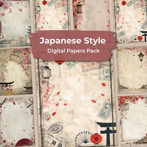 Puede incluir: Un conjunto de papeles digitales con temática japonesa. Los papeles presentan una estética vintage con colores descoloridos, acentos rojos e ilustraciones de linternas, flores de cerezo y arquitectura tradicional japonesa. Se muestra el texto "Japanese Style Digital Papers Pack".