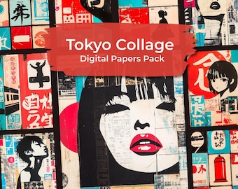 90s Tokyo Digital Paper Pack, Printable Mixed Media Collage Sheets for Junk Journal Scrapbooking Mixed Media Art, Instant Download