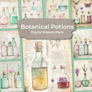 Puede incluir: Un paquete de papeles digitales titulado "Botanical Potions" con ilustraciones de acuarela de botellas de vidrio vintage con tapones de corcho. Las botellas contienen líquidos coloridos y flores. El fondo incluye bocetos botánicos y un borde verde claro.