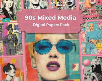 90s Collage Mix Media Digital Paper Pack - Printable Retro Collage Sheets for Junk Journal, Scrapbook Supplies, Instant Download.