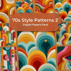 May include: A collection of colorful 70s style digital paper patterns. The patterns feature retro designs with vibrant hues of orange, yellow, teal, and pink. The text on the image reads "70s Style Patterns 2 Digital Papers Pack."