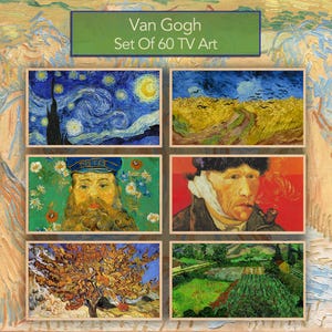 Puede incluir: Un conjunto de seis impresiones artísticas enmarcadas para TV con pinturas famosas de Vincent Van Gogh. La obra de arte incluye "La noche estrellada", "Campo de trigo con cuervos" y retratos. El banner superior dice "Van Gogh Set Of 60 TV Art."