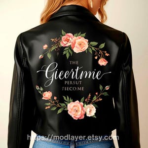 Women black leather jacket with custom typography name print surrounded by delicate floral frame, fusion of light hand-paint brush strokes and digital floral illustration.