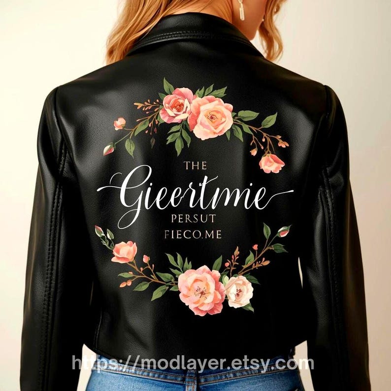 Women black leather jacket with custom typography name print surrounded by delicate floral frame, fusion of light hand-paint brush strokes and digital floral illustration.