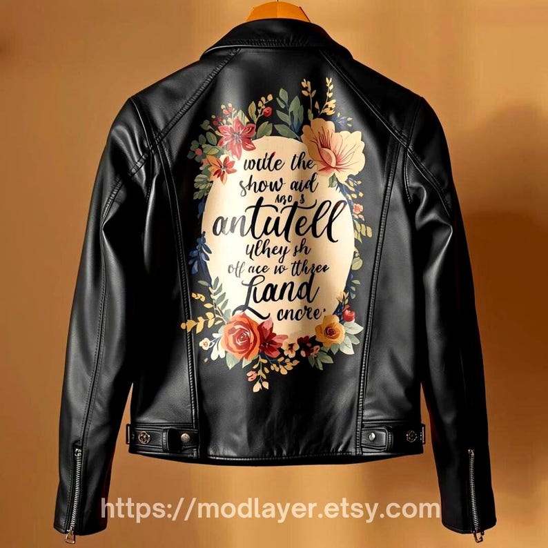 women black leather jacket with floral and typography fusion print, inspirational quote text surrounded by light hand-paint floral artwork.