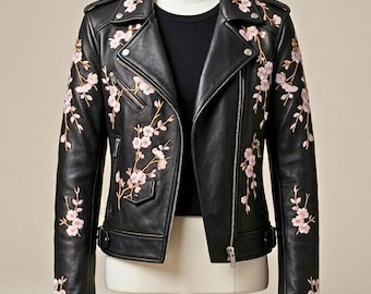 Custom Embroidered Leather Jacket • Floral Biker Fashion Gift