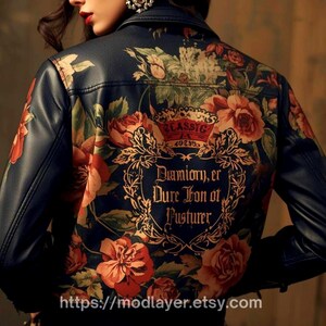 women black leather jacket with vintage floral pattern blended with classic typography crest on back, layered hand-paint textures with digital print detailing.