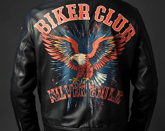 Custom Print Leather Jacket with Eagle Wings & Bikers Club Artwork - Hand-paint + Digital Print Fusion