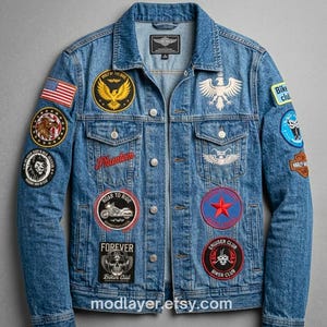 Individuelle Statement-Jeansjacke mit gestickten Patches – individuelle Streetwear, Vintage-inspirierte Mode, einzigartige Statement-Jacke