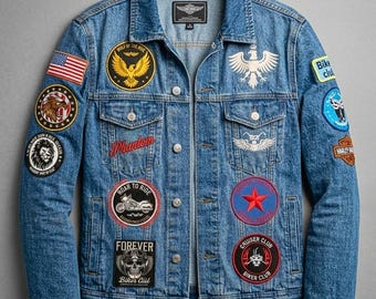Custom Denim Jacket with Embroidered Patches – Personalized Streetwear, Vintage-Inspired Fashion, Unique Statement Jacket