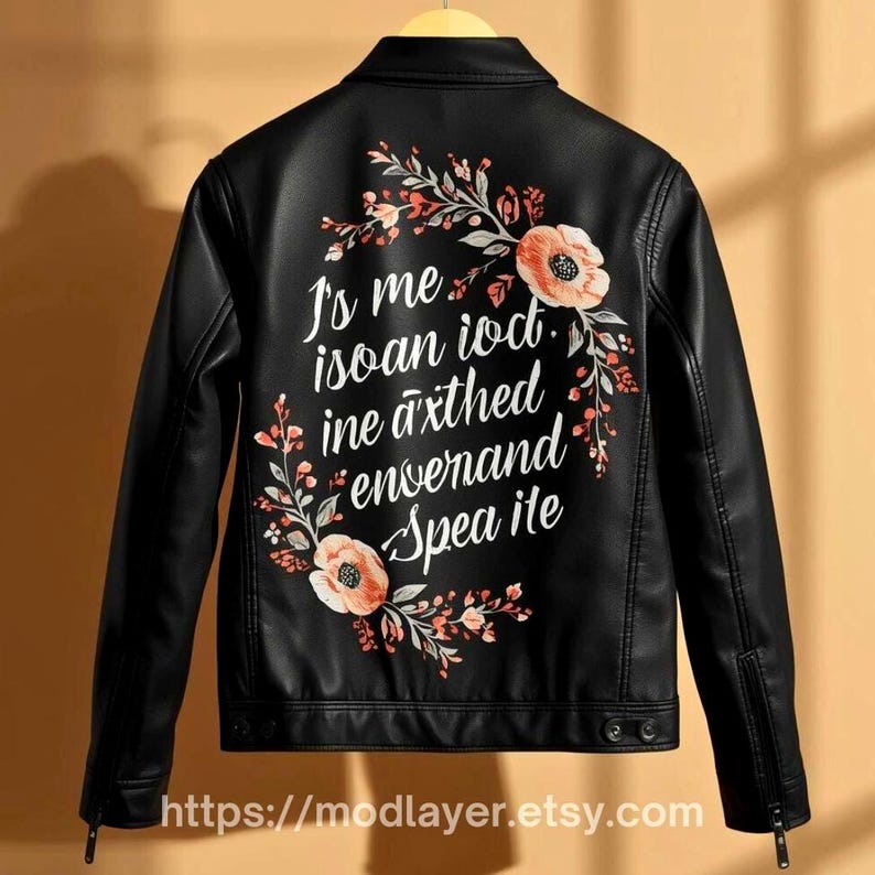 women black leather jacket with floral and typography fusion print, inspirational quote text surrounded by light hand-paint floral artwork, jacket hanging on wooden hanger.