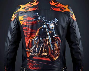 Custom Print Leather Jacket — Flames & Skull Artwork | Hand-Paint + Digital Print Fusion
