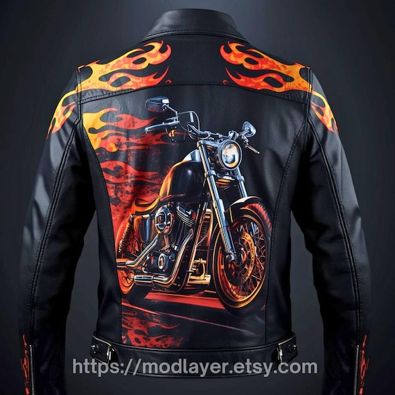 Custom Print Leather Jacket — Flames & Skull Artwork | Hand-paint