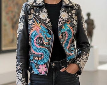 Custom Embroidered Leather Biker Jacket | Digital Print Fusion