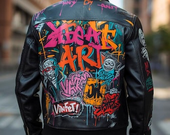 Custom Print Leather Jacket — Typography & Graffiti Artwork | Hand-Paint + Digital Print Fusion | Personalized Streetwear