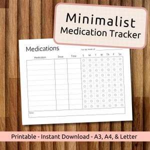 Registro de medicación minimalista imprimible - Registro semanal de medicación - Registro de medicamentos y suplementos - Tamaño A4/A5/Carta