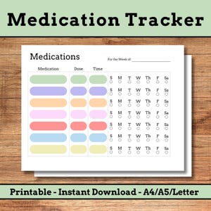 Puede incluir: Un rastreador de medicamentos imprimible blanco con el título "Medication Tracker" en la parte superior. El rastreador incluye secciones para medicamentos, dosis y hora, con un horario semanal. El texto "Printable - Instant Download - A4/A5/Letter" está en la parte inferior.