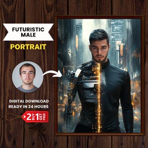 Futuristic Man Portrait - Cyberpunk Sci-Fi Art, Neon Aesthetic Digital Illustration, High-Tech Wall Decor & Prints