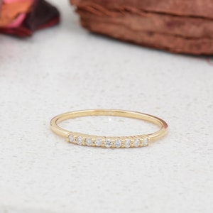 Minimalist Diamond Ring With Round Cut Diamonds On A Thin Gold Band, Delicate Stacking Diamond Ring For Everyday Elegance