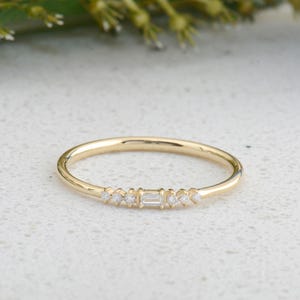 Gold Baguette Diamond Ring, Dainty 14K Solid Gold Band, Minimalist Stacking Ring, Modern Fine Jewelry Gift for Her
