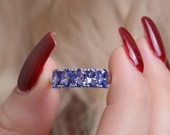 Tanzanite Ring, in White Gold 5 Stone Oval Tanzanite Band, Dainty Tanzanite Ring, December Birthstone Gift Jewelry
