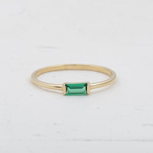 Baguette Emerald Ring, Dainty Solid Gold Emerald Ring, Minimalist Green Gemstone Ring, May Birthstone Stacking Ring