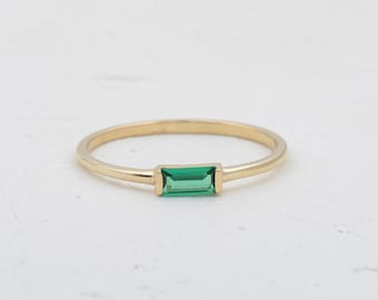 Baguette Emerald Ring, Dainty Solid Gold Emerald Ring, Minimalist Green Gemstone Ring, May Birthstone Stacking Ring
