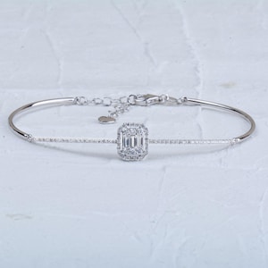 Baguette Diamond Halo Bracelet: 14K Solid Gold Adjustable Jewelry