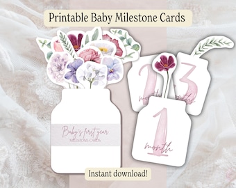 Baby Girl Milestone Number Cards Printable, First Twelve Months, Floral Monthly Photo Props, Nursery Decor, Baby Shower Gift