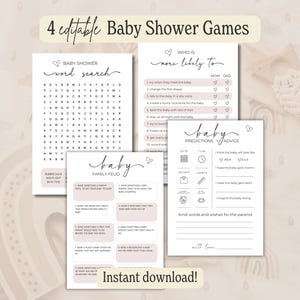 Lot de 4 jeux de baby shower, modèle canva modifiable, prédictions et conseils pour bébé à imprimer, querelle de famille pour bébé, plus probable que ce soit une maman ou un papa