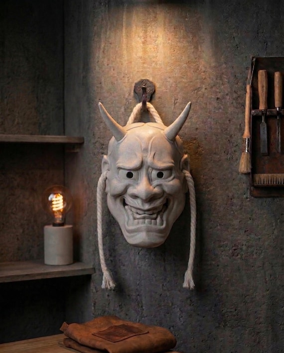 3D Printed Hannya Mask Wall Art – Customizable Oni Demon Decor, Yokai Samurai Accent (Large)
