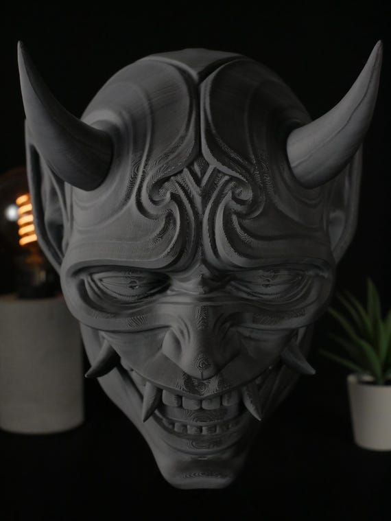 3D Printed Oni Mask Wall Art, Japanese Yokai Demon Sculpture, Gothic Decor