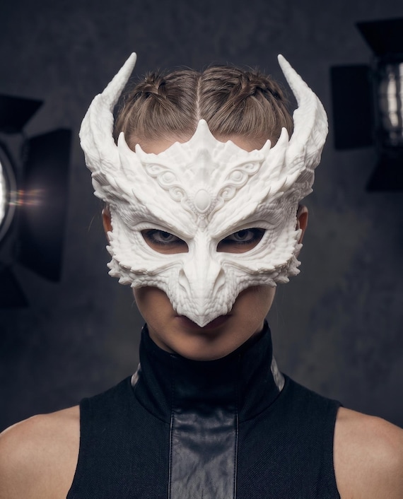 Dragon Half Mask, Fantasy Cosplay, Horned Demon, Gothic Festival Costume (30+ Colors)