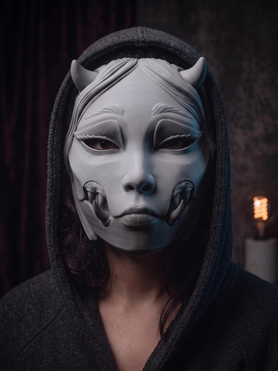 Articulated Kuchisake Mask with Moving Jaw, Japanese Demon Cosplay Prop, Oni Yokai Horror Mask, Movable Mouth Halloween Costume