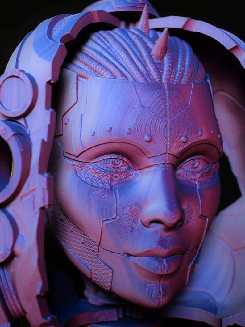 3D Printed Cyberpunk Head Sculpture, Android Face Mask, Desk Stand ...